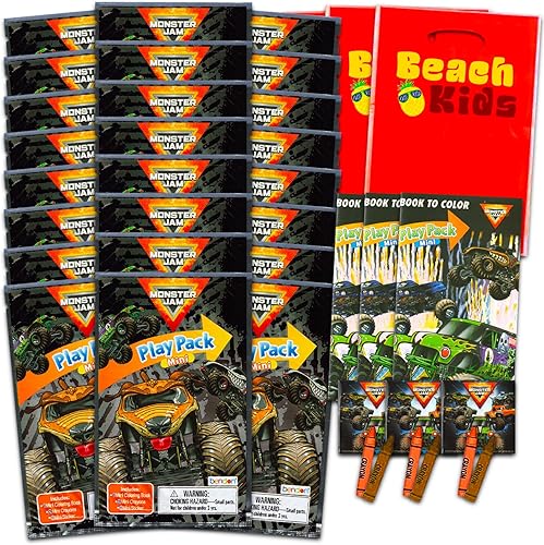 Monster Jam Mini Party Favors Set para niños – Paquete con 24 mini paquetes de Monster Jam Grab n Go Play con páginas para colorear, calcomanías y