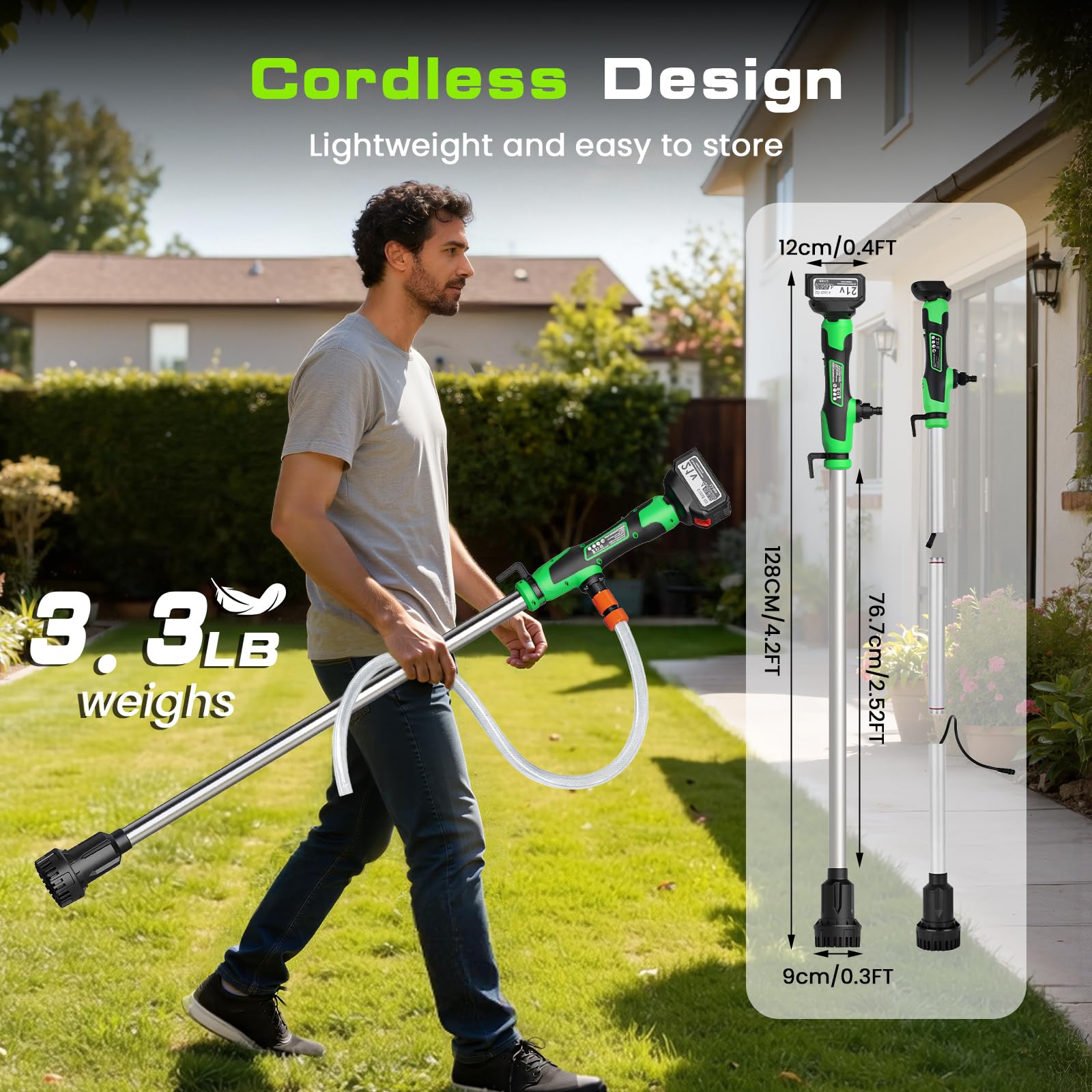 Pompa di Trasferimento dell'Acqua a Stelo Senza Fili, 2000 L/H, Pompa di Sentina Portatile con Tubo Giardino NPT 19 mm, Compatibile 20 V MAX (Senza Batteria) per Piscina Giardino Stagno