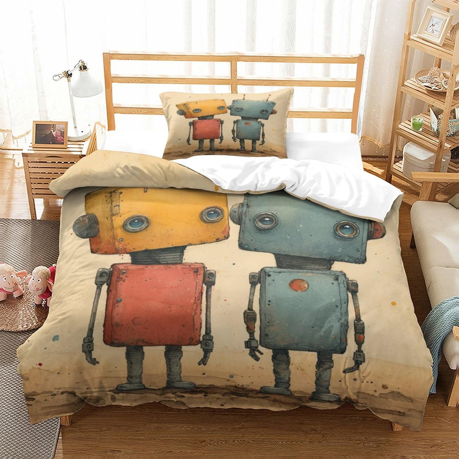 P1S9U7W5Y 3D Printed Vintage Robot 3pcs Microfiber Cartoon Robots Duvet Cover Set Bedding Single（135x200cm）
