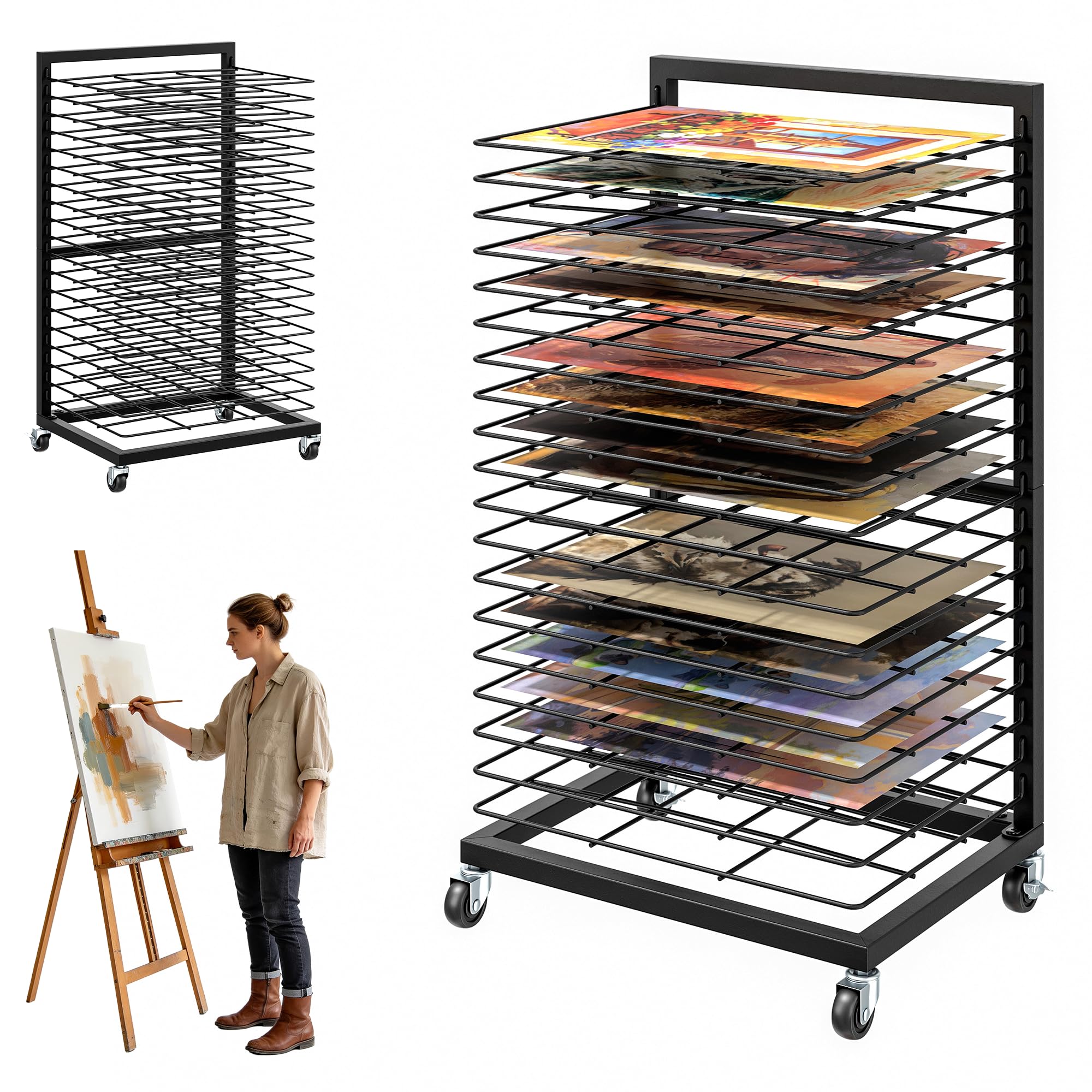 uyoyous Mobiles Bilder Trockengestell 40.5×30×70.5cm Kunsttrockengestell mit 19 Herausnehmbaren Regalen Kunst Trocknen Rack Kohlenstoffstahl für zu Hause, Klassenzimmer, Kunstateliers und Schulen