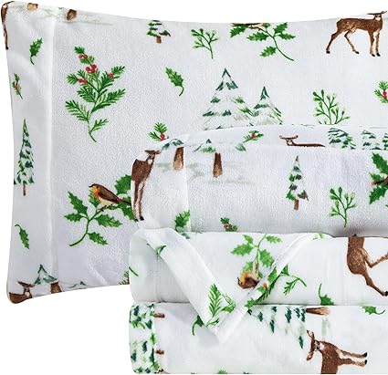 Elegant Comfort Luxuriously Soft 4-Piece Holiday Velvet Plush Flannel Sheet Set - Premium Quality - Cozy Warm, Christmas Fuzzy Velvet Flannel Fleece Deep Pocket Sheet Set - Twin, Enchanted Woods