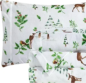 Elegant Comfort Luxuriously Soft 4-Piece Holiday Velvet Plush Flannel Sheet Set - Premium Quality - Cozy Warm, Christmas Fuzzy Velvet Flannel Fleece Deep Pocket Sheet Set - Twin, Enchanted Woods