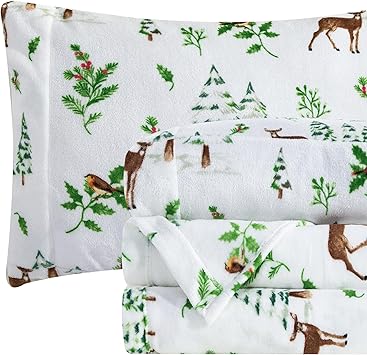 Elegant Comfort Luxuriously Soft 4-Piece Holiday Velvet Plush Flannel Sheet Set - Premium Quality - Cozy Warm, Christmas Fuzzy Velvet Flannel Fleece Deep Pocket Sheet Set - Twin, Enchanted Woods