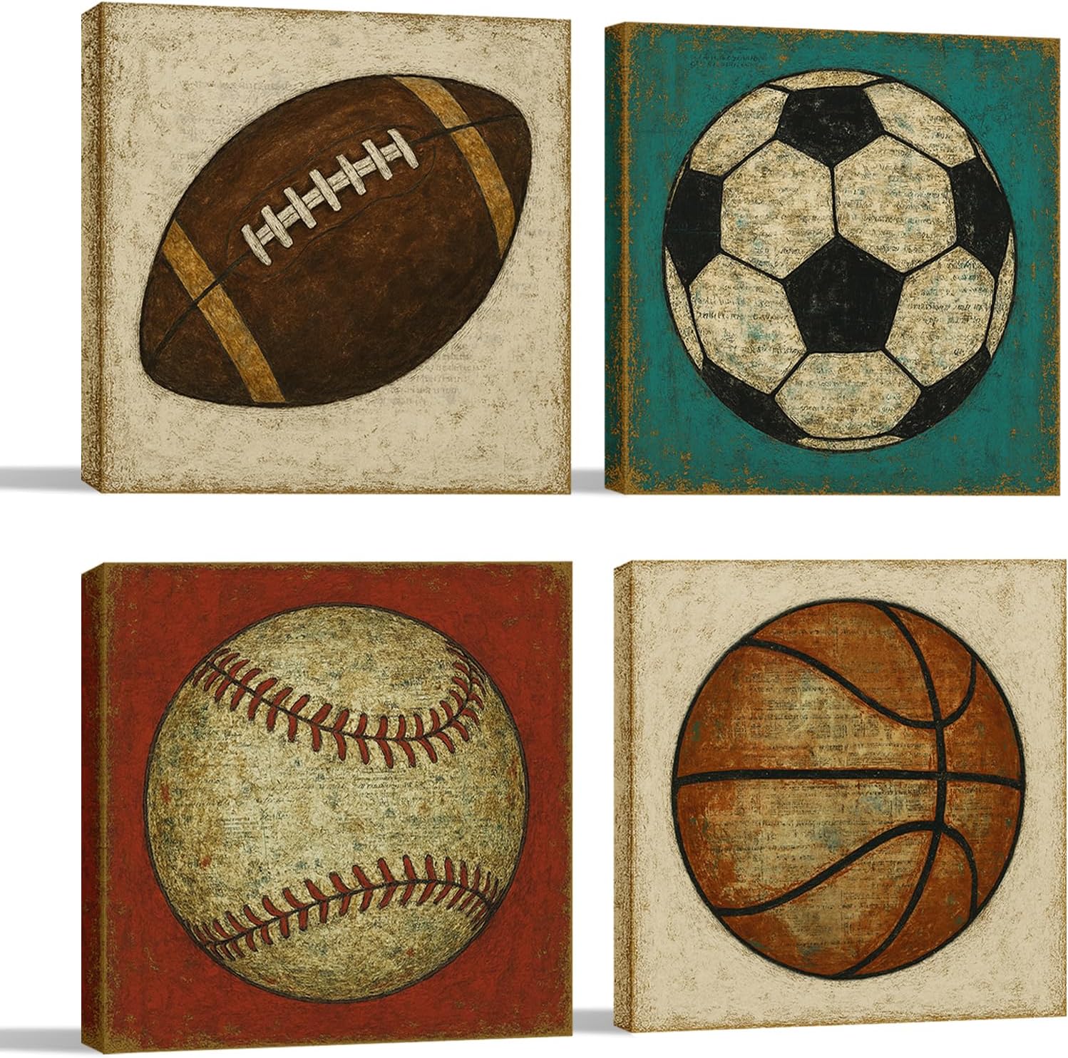 VVJSZHJ American Football Soccer Baseball Basketball Canvas Wall Art Vintage Sport Boys Room Wall Decor Sports Pictures for Boys Playroom Bedroom Living Room