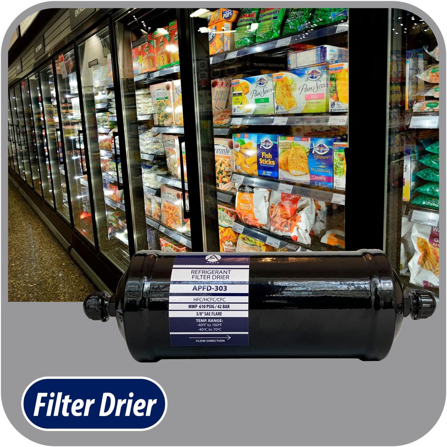 Appli Parts APFD-303 3/8 in Liquid Line Refrigerant AC Filter Drier hvac Refrigeration 303 SAE Flare connection universal unidirectional 10-1/2 in long 3-1/4 in wide