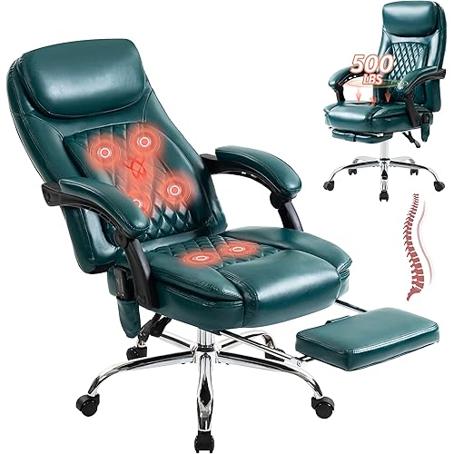 500LBS Massage Office Chair, 6 Points Vibration & Heat Executive Office Chairs, 135°Reclining Comfy Desk Chair with Foot Rest, Wider & Thicker Seat Cushion, PU Leather Big and Tall Gaming Chair, Green