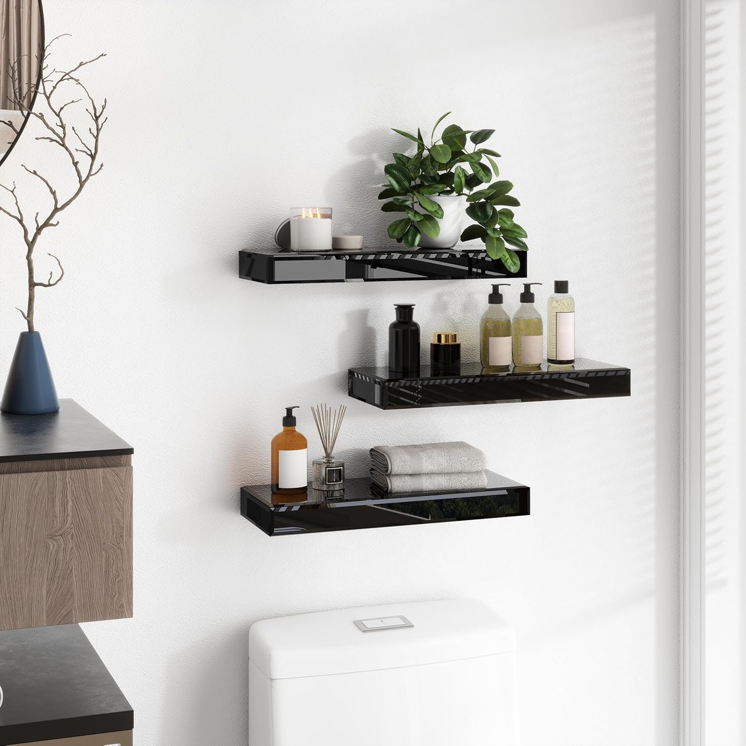 SHYFOY Black Glass Floating Shelves for Wall, 15 x 5.5 Inch Modern Black Wall Shelves for Bathroom, Living Room, Bedroom and Kitchen, Set of 3
