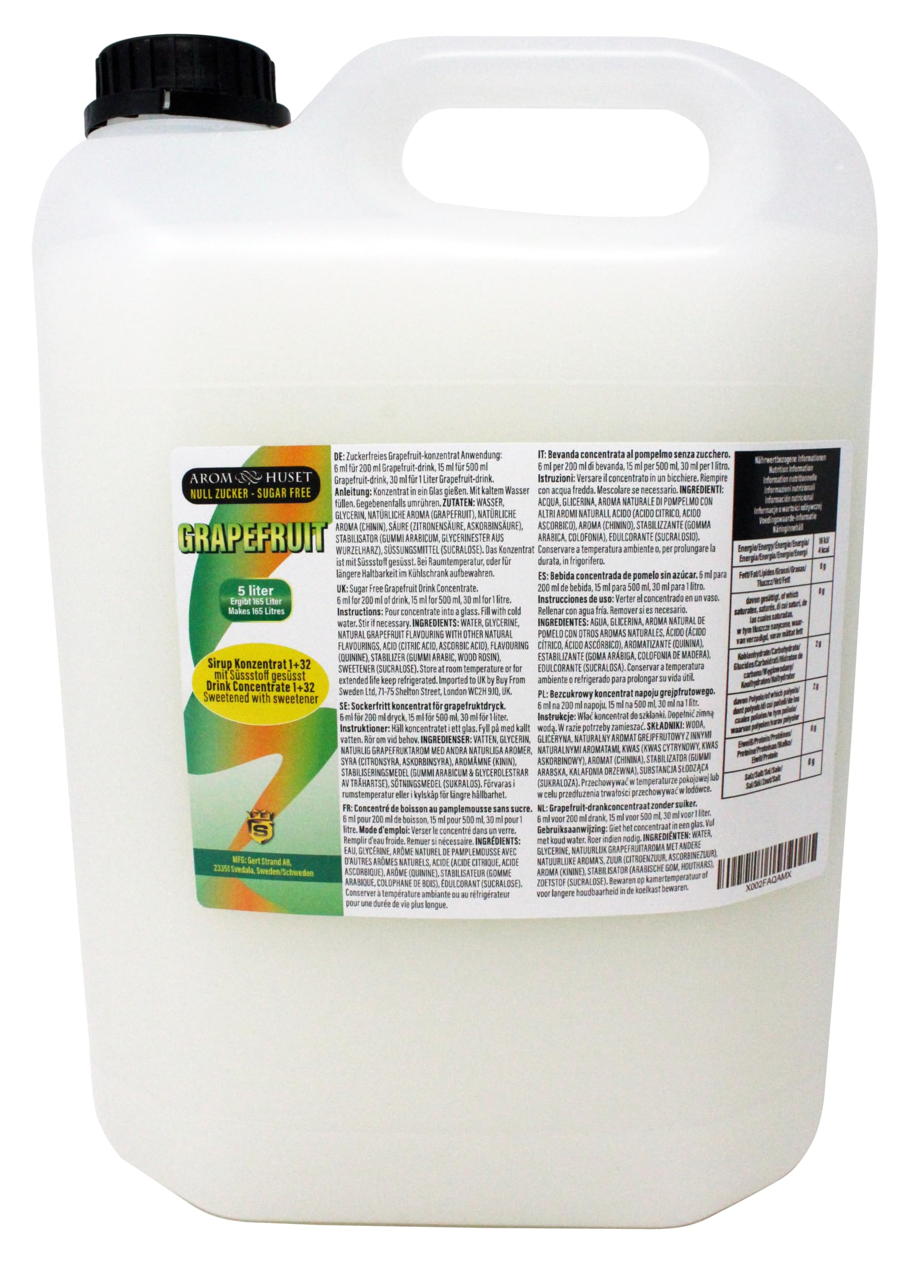 Aromhuset GRAPEFRUIT Getränkekonzentrat, Zuckerfrei, 5 Liter für 165L Erfrischungsgetränk, Flüssig