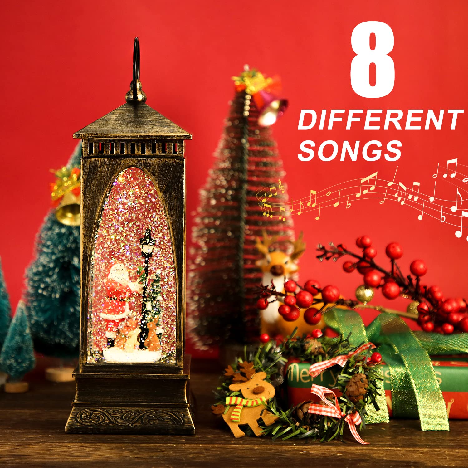 Lanterne Boule à Neige De Noël Musicale - Alimentée Par Piles Ou USB - Décorations Père Noël, Arbres, Flocons - 3 Modes (musique/lumière/éteint) - Vintage