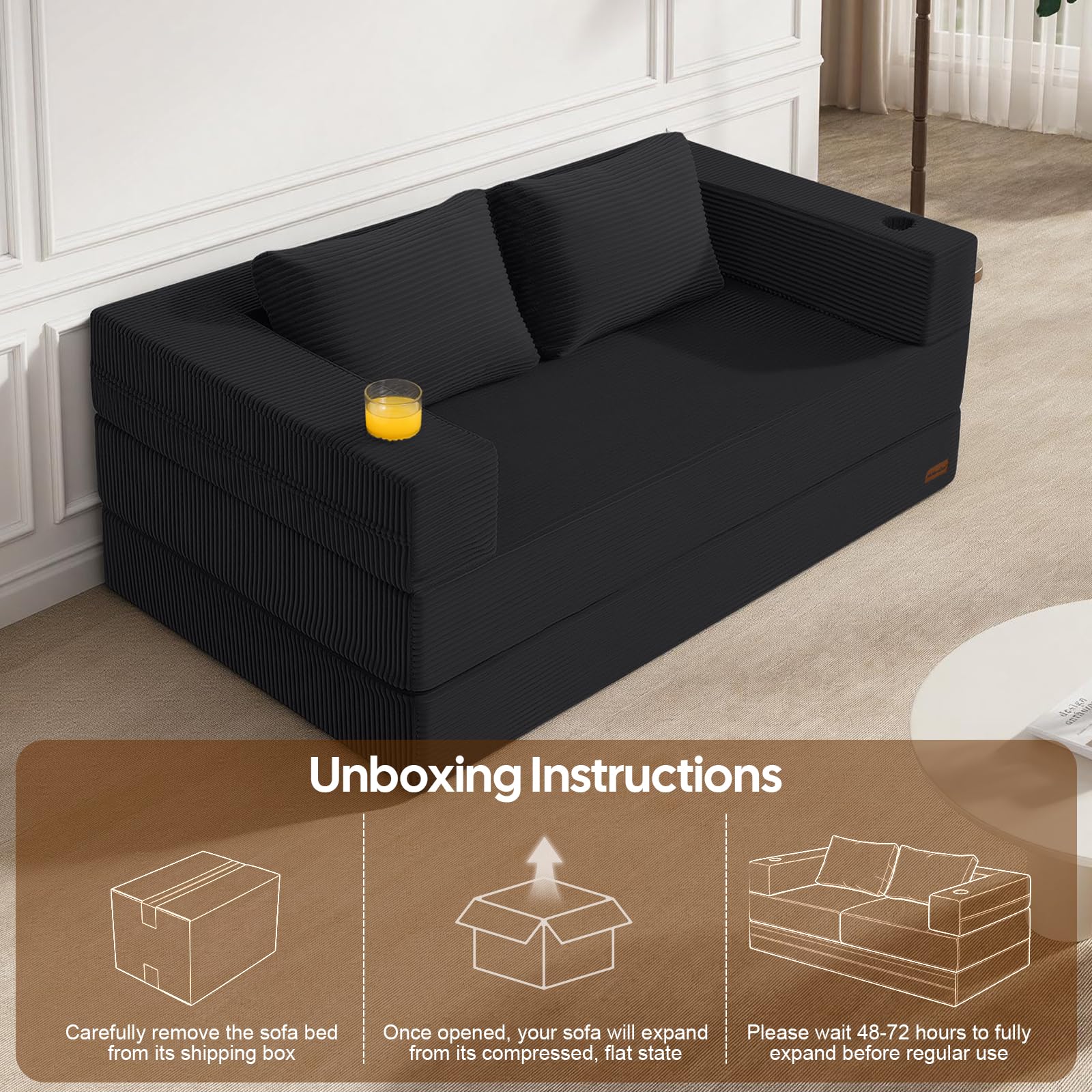 MeMoreCool Boneless Sofa Bed Queen, 94x59 in Extra Long Futon, Black | Folds out to a 94 in bed, longer than a queen mattress