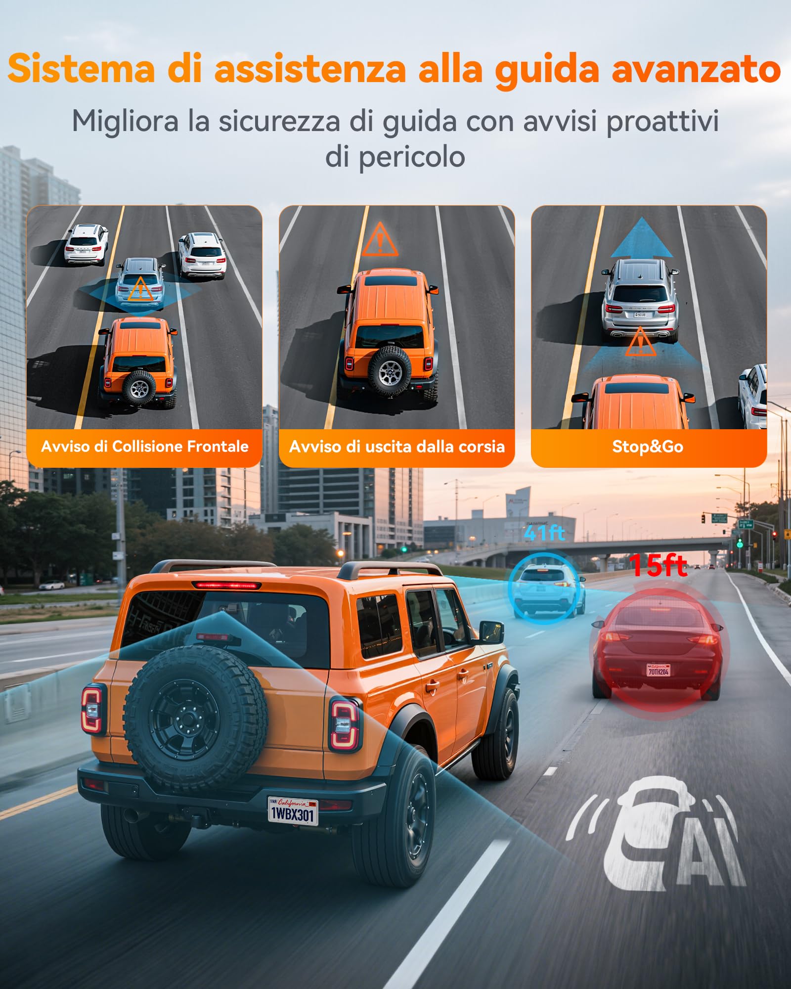 WOLFBOX 2,5K & 60FPS Dashcam Auto, STARVIS 2, Scheda 64GB, WiFi 5,8 GHz | IMX675 con ADAS, 2,5 K + 1080P 5MP Dual Dashcam Auto Anteriore Posteriore, GPS, Touchscreen, Supporta Fino a 512 GB (X3)