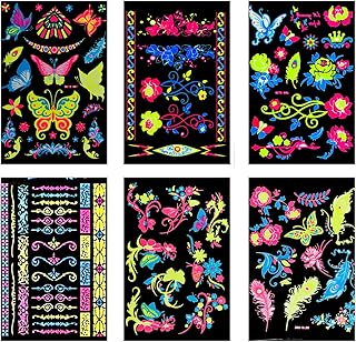 6 Large Sheet Glow UV Neon Temporary Tattoos Halloween Waterproof Tattoo Stickers Body Art Temporary Tattoos Christmas Luminous Temporary Tattoos Fluorescent Tattoo Stickers Neon Tattoos Glow in Dark