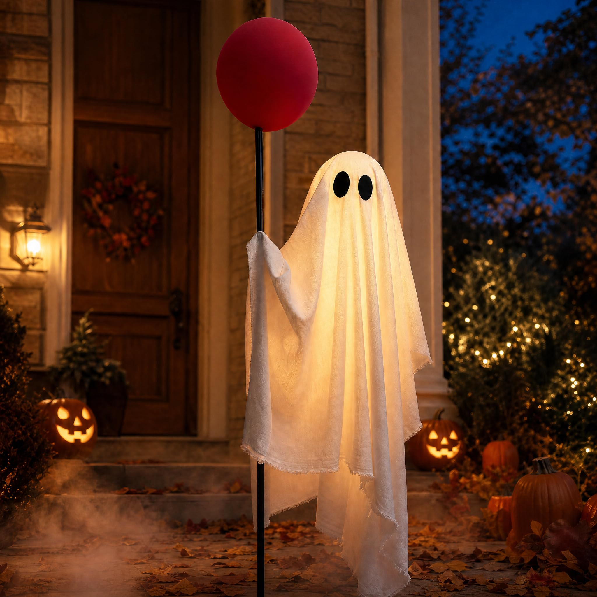 Halloween Decorations Outdoor, 6 FT Life Size Ghost with Red Balloon | Lighted Standing Halloween Porch Decoration with Metal Stand for Front Door, Yard, Lawn, Patio, Indoor Outdoor Decor