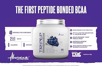Metabolic Nutrition - TRIPEP - Tri-Peptide Branch Chain Amino Acid, BCAA Powder, Pre Intra Post Workout Supplement, Blue Raspberry, 400 Grams (40 Servings)
