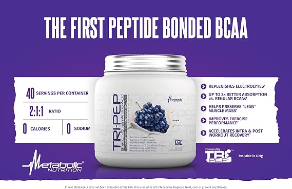 Metabolic Nutrition - TRIPEP - Tri-Peptide Branch Chain Amino Acid, BCAA Powder, Pre Intra Post Workout Supplement, Blue Raspberry, 400 Grams (40 Servings)