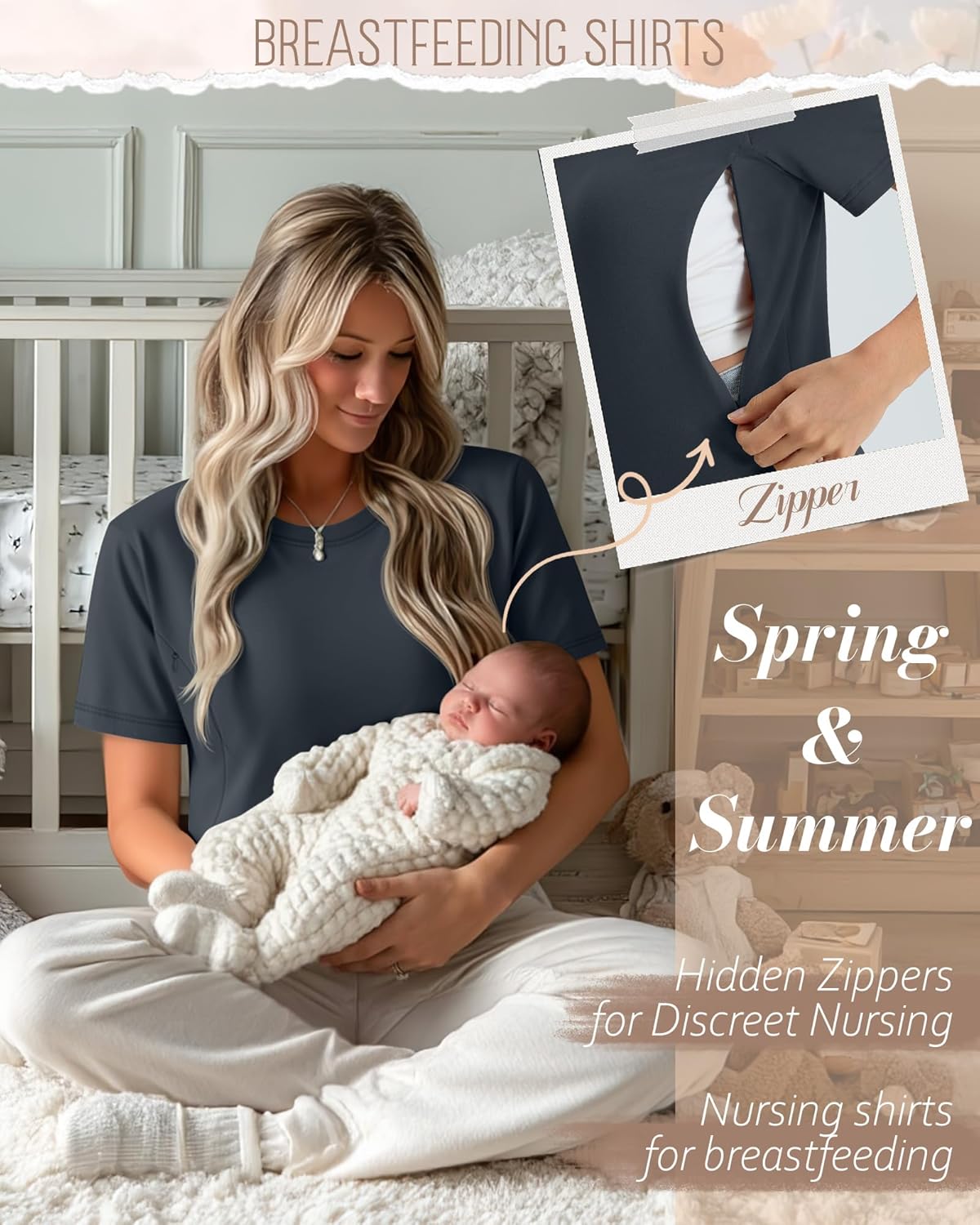 4 Pack Women's Nursing Breastfeeding Shirts with Zipper Loose Fit Short Sleeve Maternity Top Nursing Clothes - Image 3