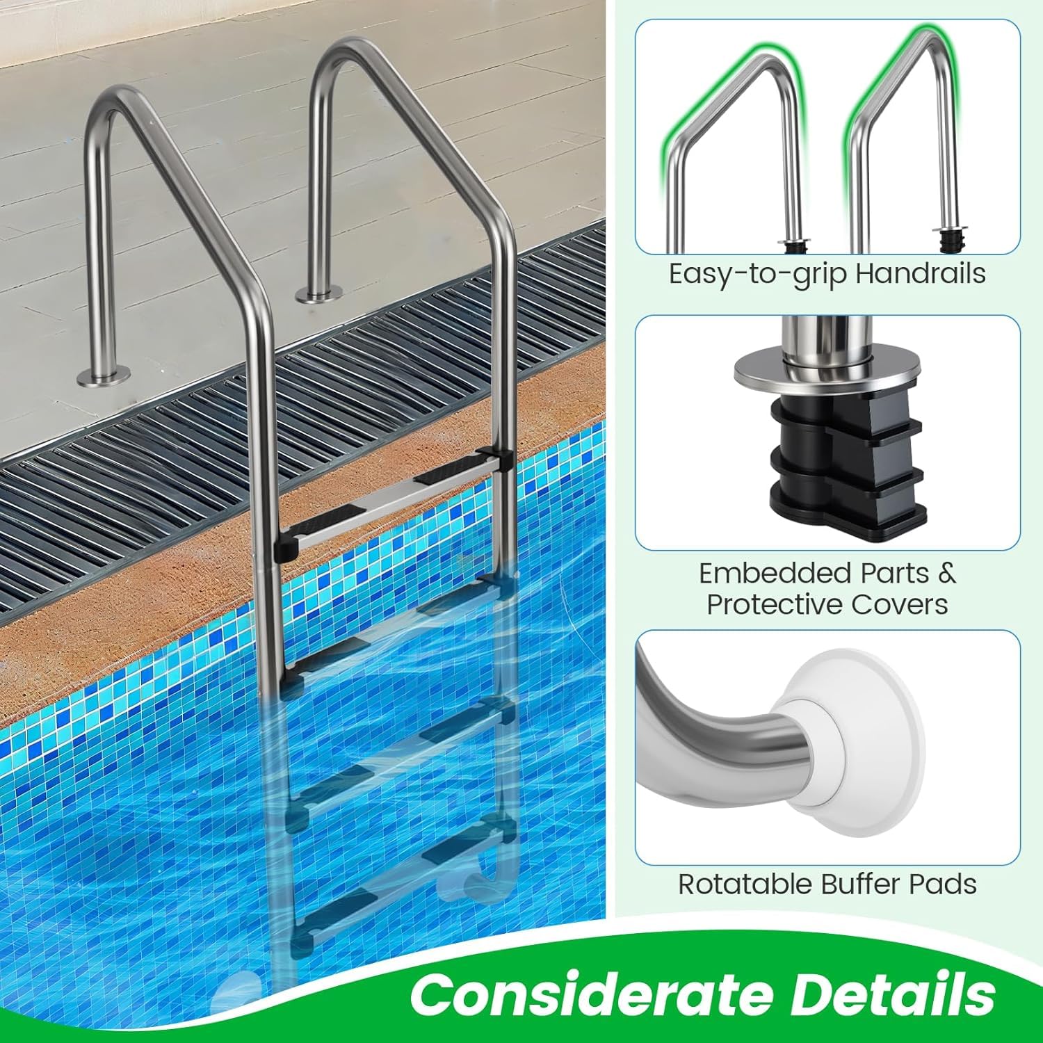 Scaletta per Piscina A 4 Gradini in Acciaio Inox, Gradini Antiscivolo, Portata Massima 200 kg, Facile da Installare per Piscine Interrate, Palestre, Parchi Acquatici, Design Resistente E Sicuro.