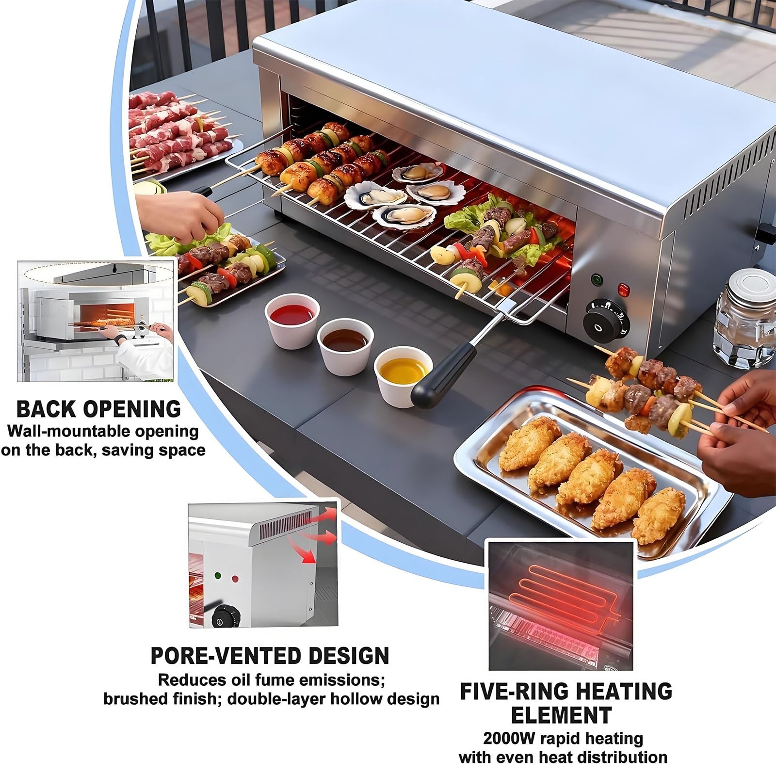 Asador Salamandra De 2000 W, Asador EléCtrico Para Carnes De Acero Inoxidable, Para Encimera, Con Bandeja Recogemigas ExtraíBle, 50 ℃-300 ℃ Para Pizza, Carnes A La Parrilla Y SáNdwiches
