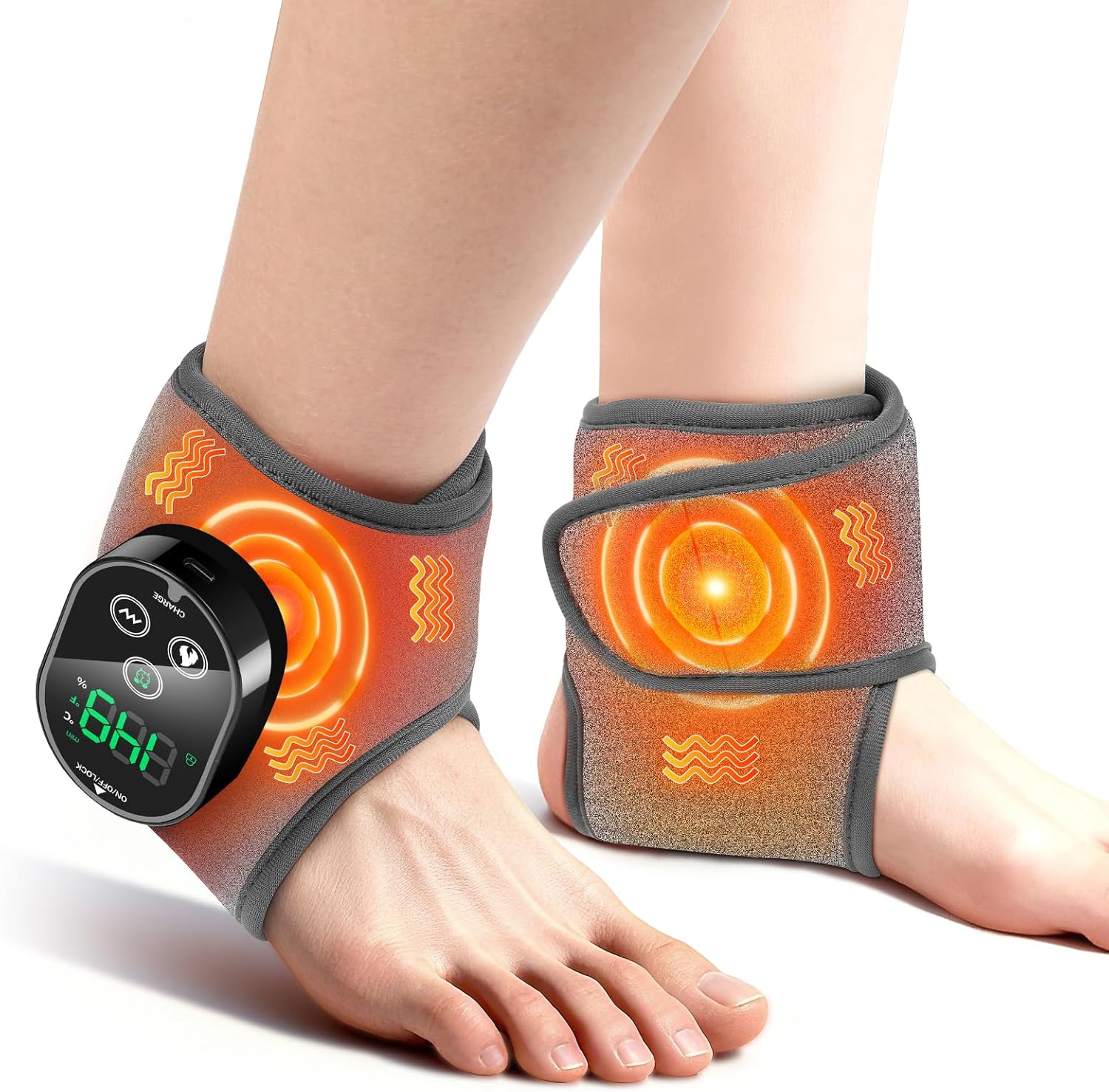 BAISEMAIN 2PCS Foot Renew Massager for Neuropathy - Ankle Heating Pad with Massage, Portable Cordless Design for Home & Travel Use, Gray