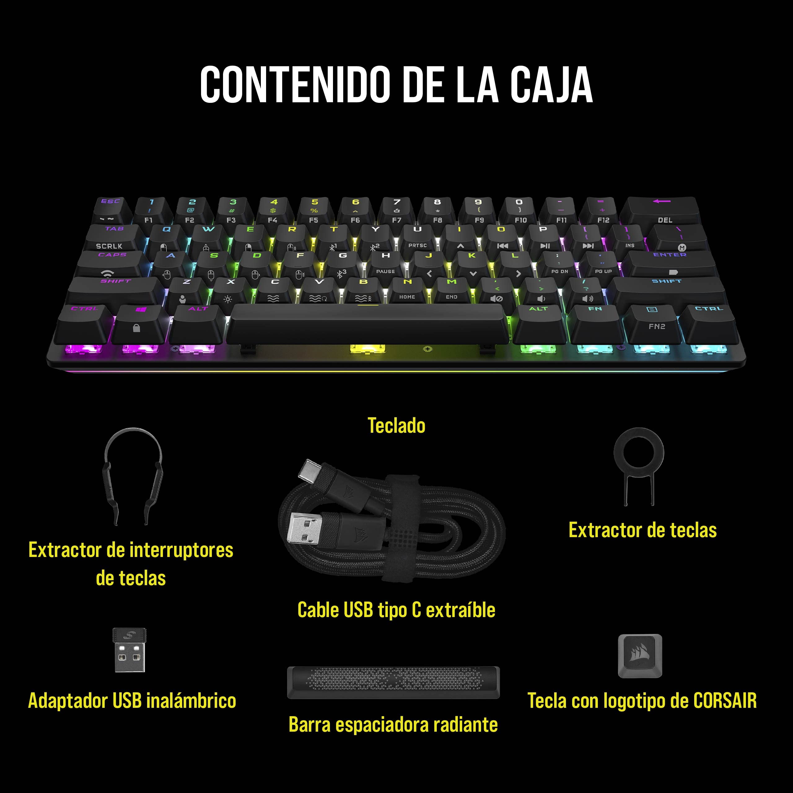 Corsair K70 Pro Mini Wireless 60% Teclado mecánico para Juegos con Teclas de policarbonato (Interruptores de Teclas Cherry MX Red, Retroiluminación LED RGB, Resistente Estructura de Aluminio) Negro