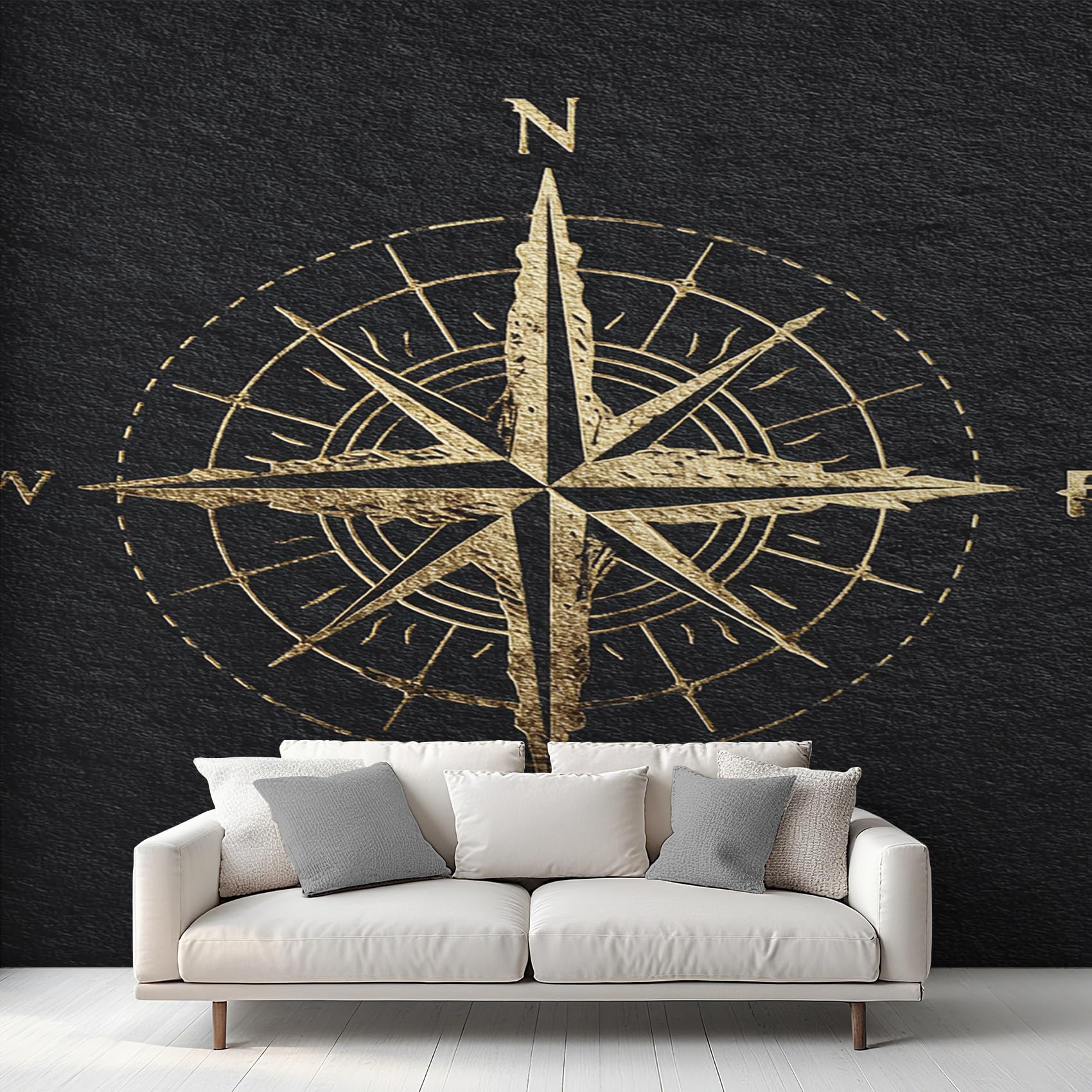 Papier peint nautique vintage boussole noire doré fresque intissé
