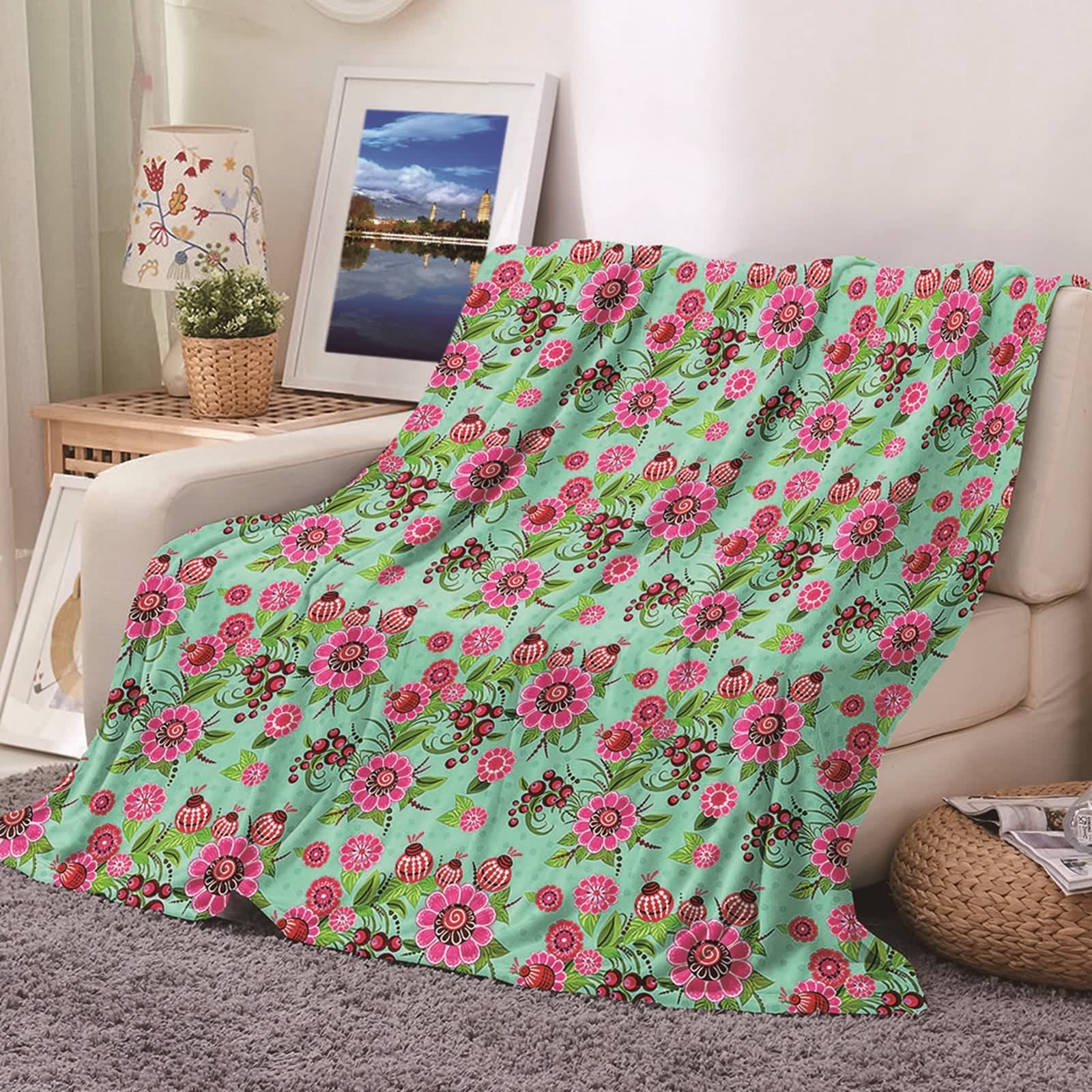 Plaid chaud contre les frissons couverture polaire flannel douce KnSam à motif végétal