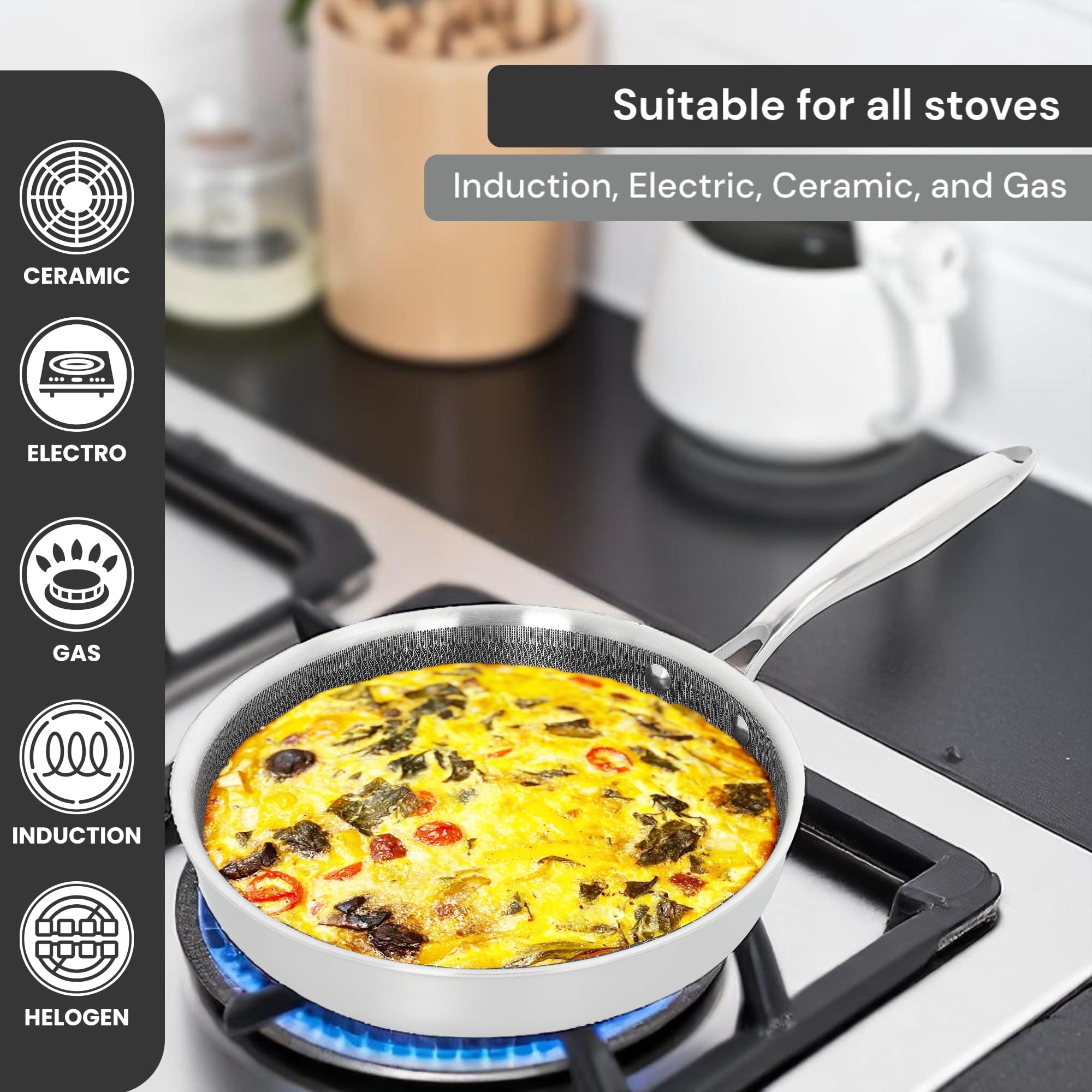 Royal Swiss Casserole en acier inoxydable Triply de 28 cm avec revêtement en nid d'abeille – Convient pour l'induction, antiadhésive et sans PFOA – Couvercle en verre résistant à la chaleur (poêle à