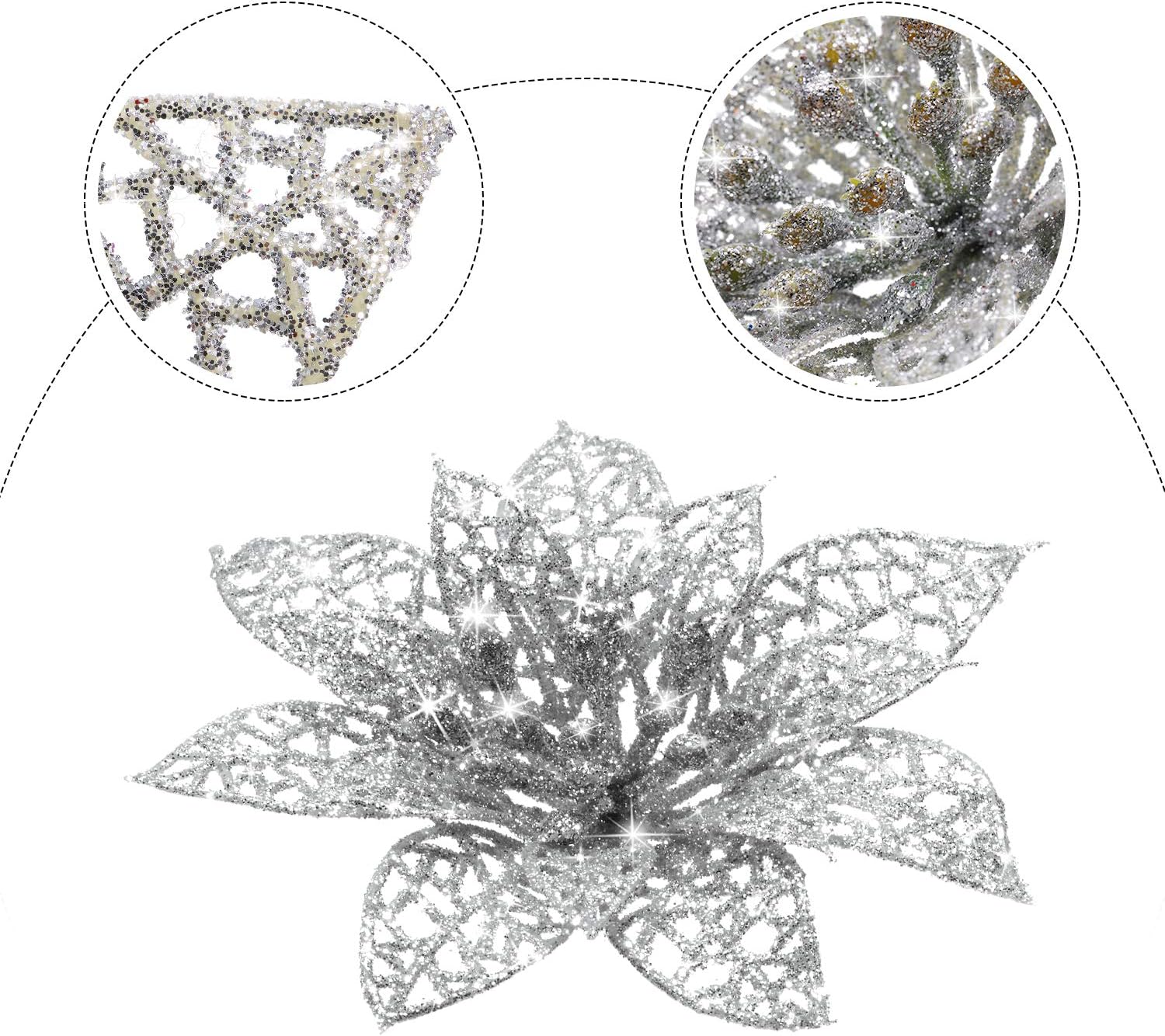 WILLBOND 36 Piece 3 Size Christmas Glitter Poinsettia Artificial Wedding Flowers for Christmas Tree New Year - Image 4