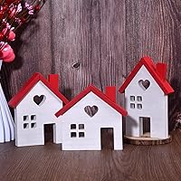 GHOSTMAGIC 3Pc Rustic Wooden House Signs - Valentine's Day Farmhouse Tiered Tray Decor, Heart Windows, Red Roofs, White Wood Cutouts for Christmas Village