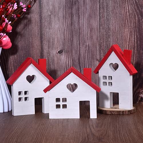 Valentine's Day Decorations - 3PCs Rustic Wooden House Block Signs,