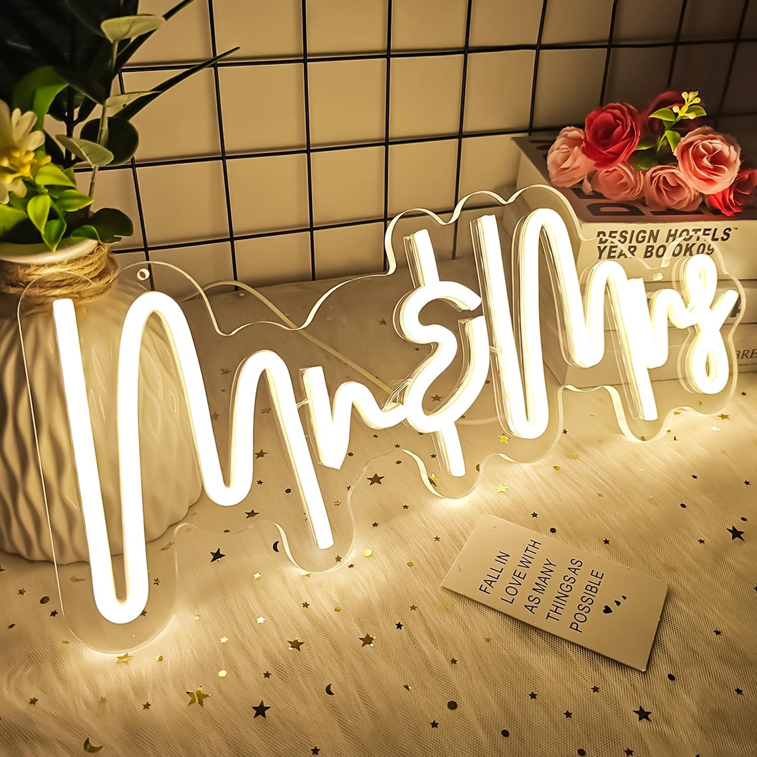 Mr and Mrs Neon Sign for Wedding Dimmable Mr Mrs Neon Signs Led Neon Sign for Party 16.2''x6.3'’ Neon Light Sign Mr & Mrs Sign for Anniversary Valentine's Day Wall Decor Gift Warm White