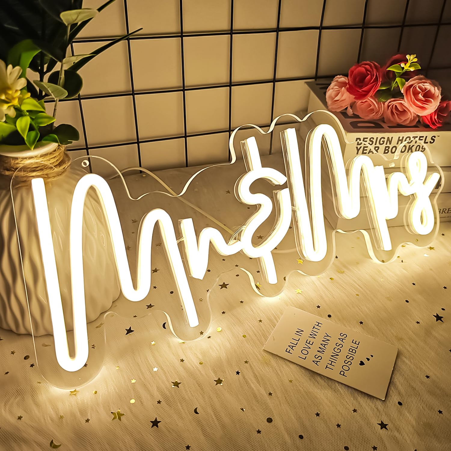 Mr and Mrs Neon Sign for Wedding Dimmable Mr Mrs Neon Signs Led Neon Sign for Party 16.2''x6.3'’ Neon Light Sign Mr & Mrs Sign for Anniversary Valentine's Day Wall Decor Gift Warm White