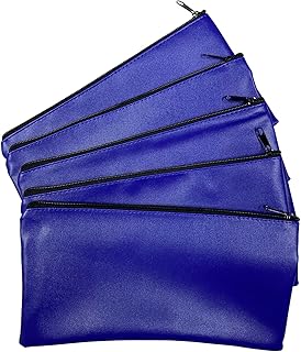 Blue Bank Security Deposit Zipper Bag, Water Resistant Vinyl Coated Leather-like Exterior with Soft Interior Lining. For Cash, Check, Coin and Money Storage and more. 11x6 inch, 5 Pack.