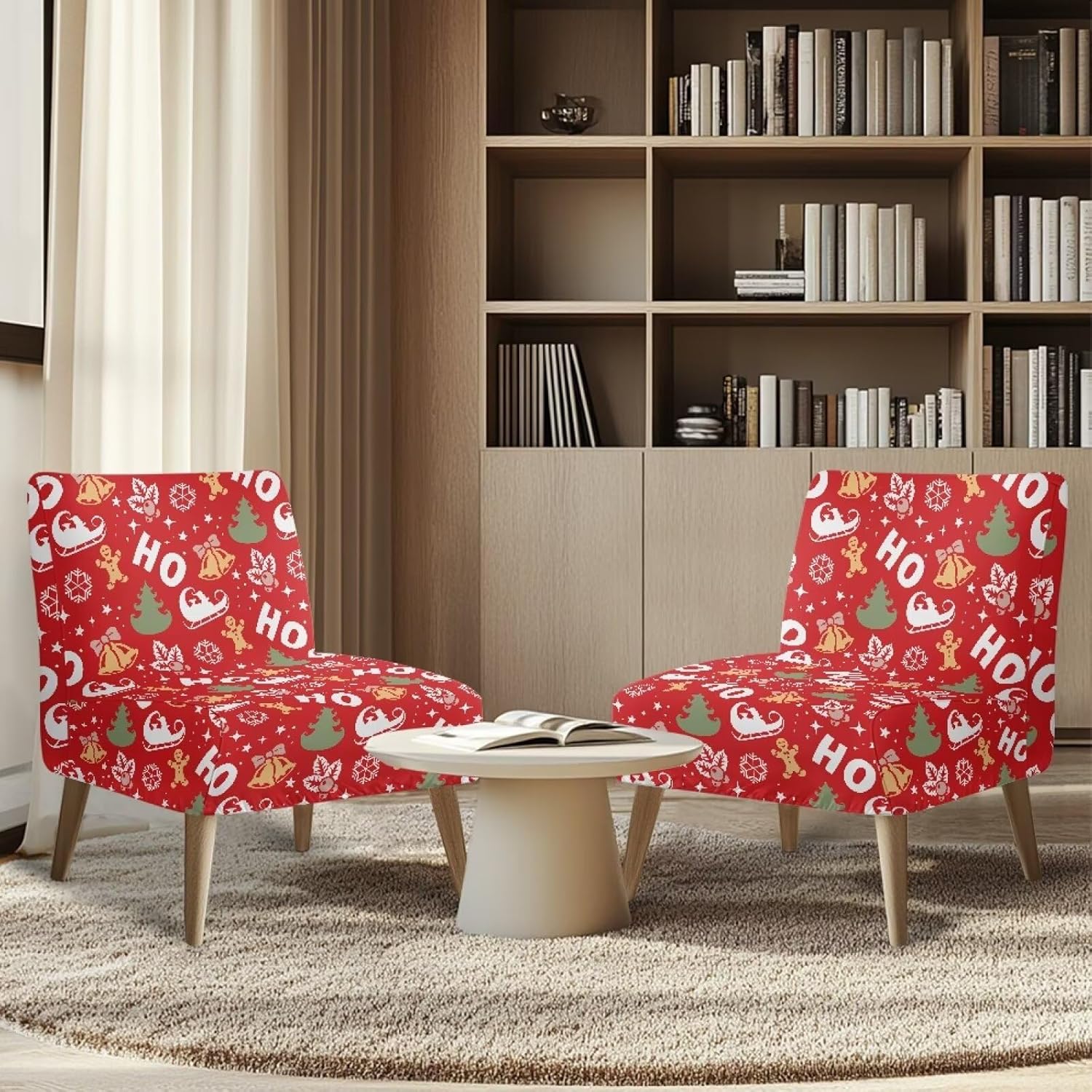 Red Ho Thick Christmas Living Room Chair Covers for Holiday Decor Bell Stain-Resistant Christmas Armless Chair Cover with Elastic Bottom for House Warming Gifts
