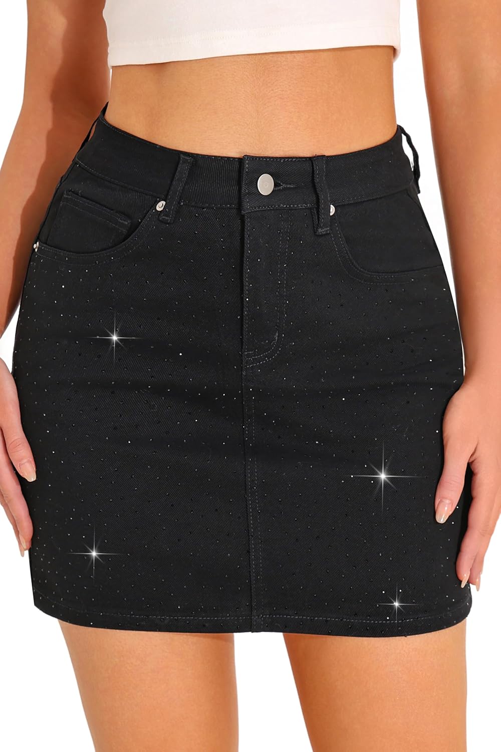 GUANYY Jean Skirts for Women Denim Sparkle Rhinestone Diamond High Waisted Stretch Mini Skirt