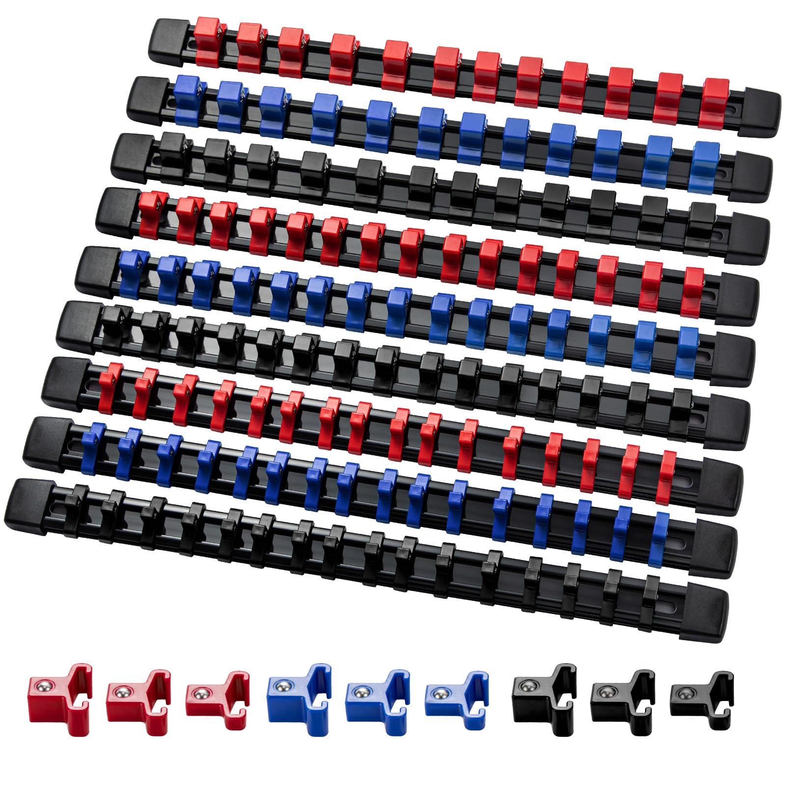 CROWNSHOP 9-Piece Socket Holder Storage Box for 1/4, 3/8, 1/2 Inches with Guide - ABS Organizer Clamping Tool