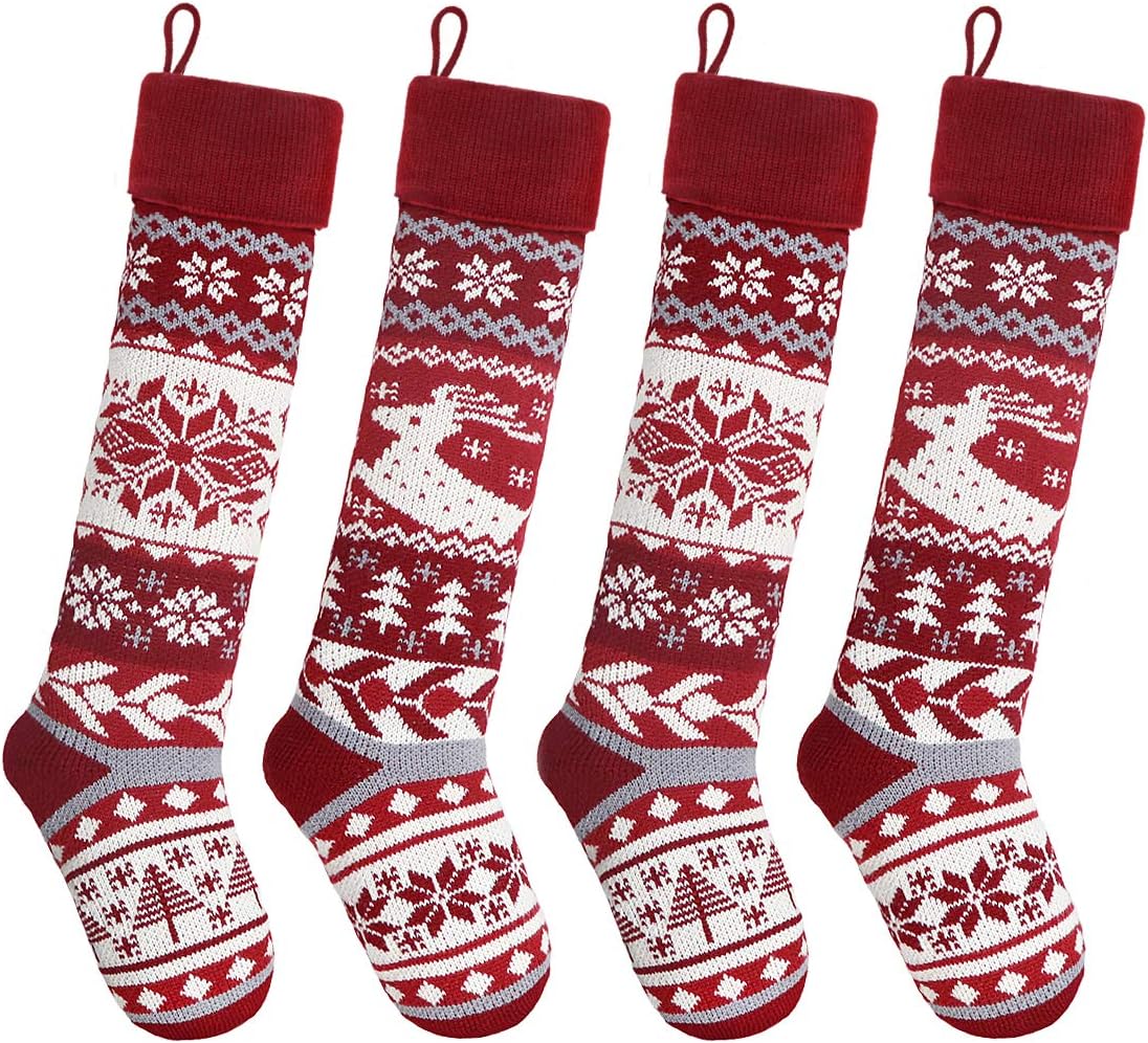 LimBridge Christmas Stockings, 4 Pack 24 inches Extra Long Snowflake Reindeer Knit Knitted Xmas Rustic Personalized Large Stocking Decorations for Family Holiday Season Decor, Cream Burgundy