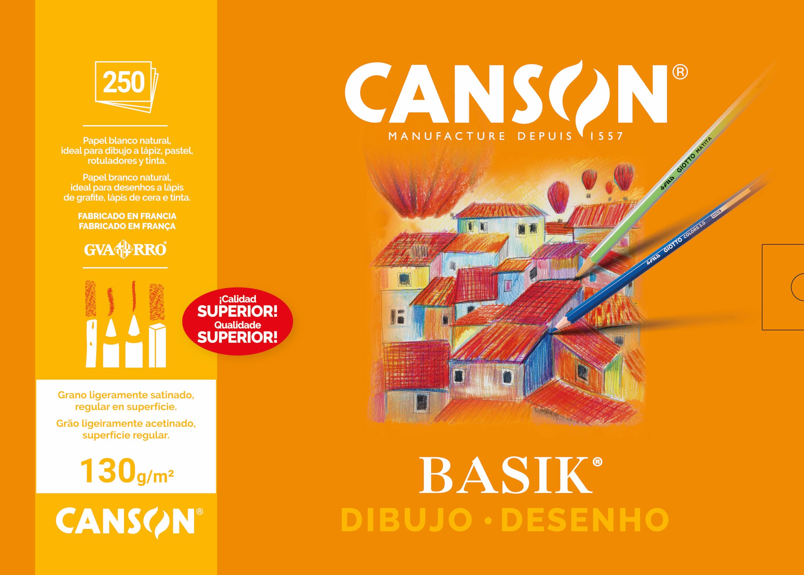 Canson Dibujo Basik, Papel de dibujo blanco, Grano fino, 130gsm, Hoja, 32,5x46cm, Blanco natural, 250 Hojas