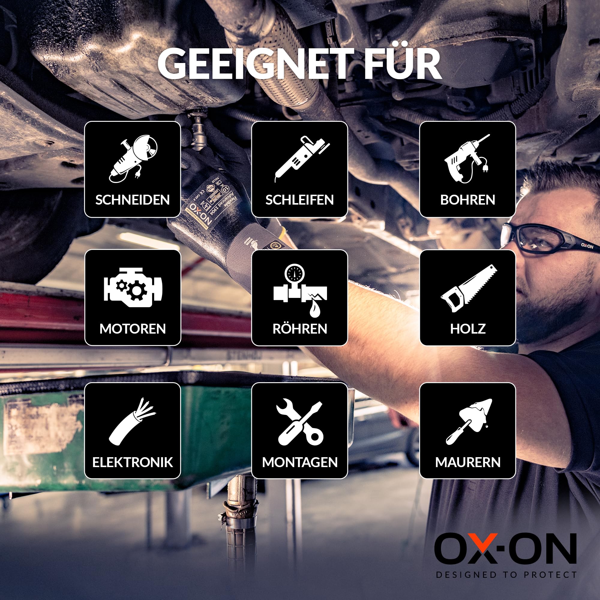 OX-ON FLEXIBLE ADVANCED 1904 Gants de travail en noir I 12 paires de gants de protection imperméables et oléophobes avec double revêtement I Poignée ferme et précise I Certification EN I Taille 11
