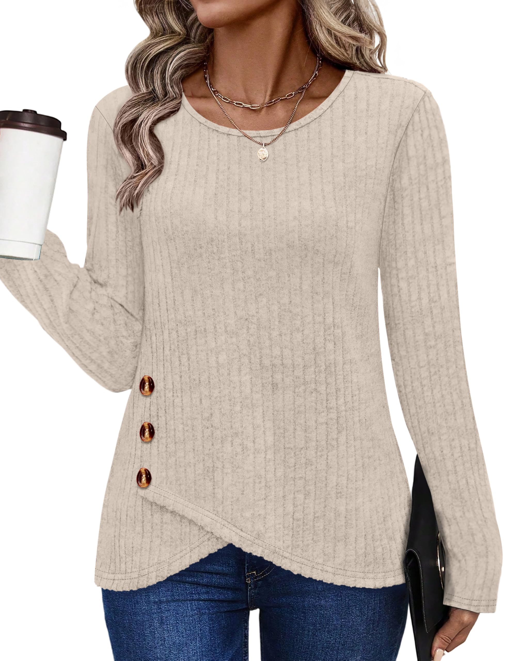 XIEERDUO Tunic Sweaters for Women Long Sleeve Shirts Crew Neck Tops with Buttons Fall Fashion Outfits Winter Clothing