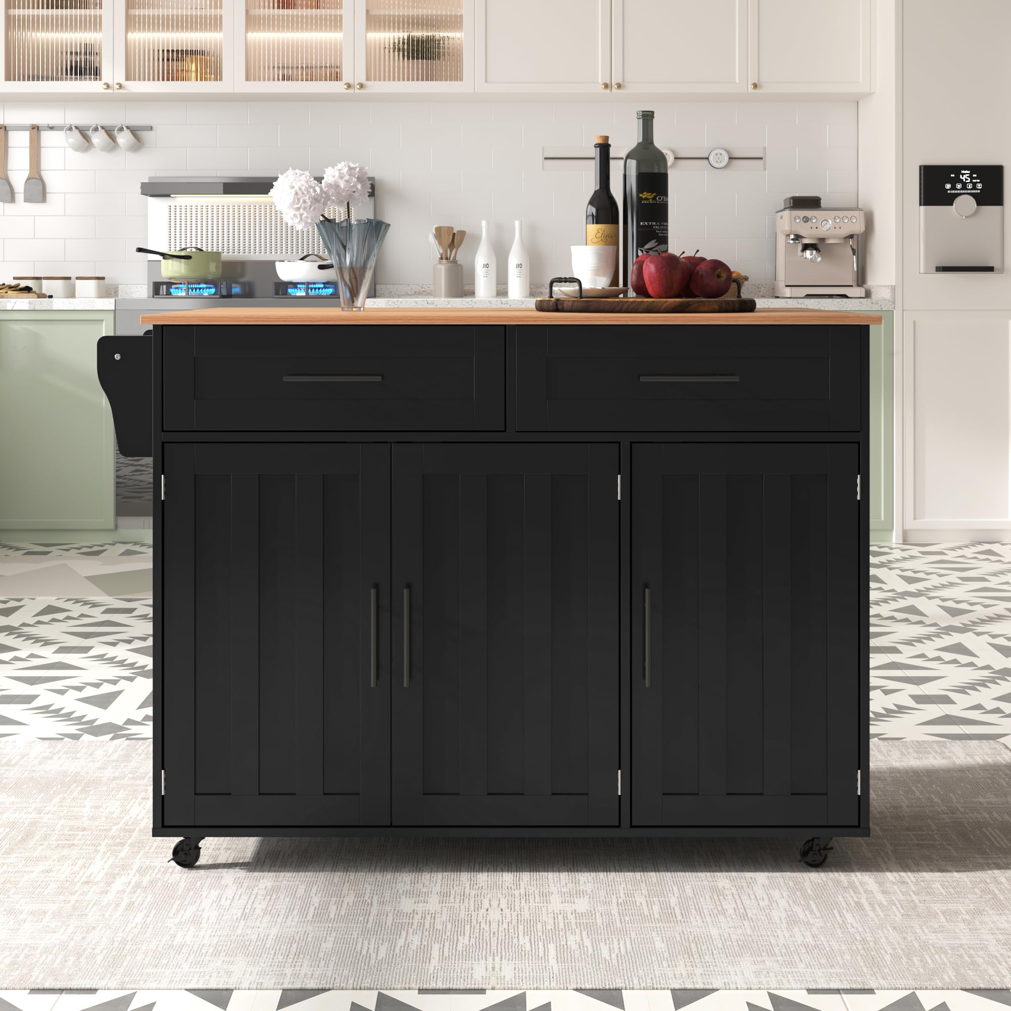 Sapgaks - Gran carro de servicio con mesa plegable, isla de cocina con toallero, 2 cajones, 3 compartimentos de almacenamiento, carro de cocina con 5 ruedas, armario de cocina, negro