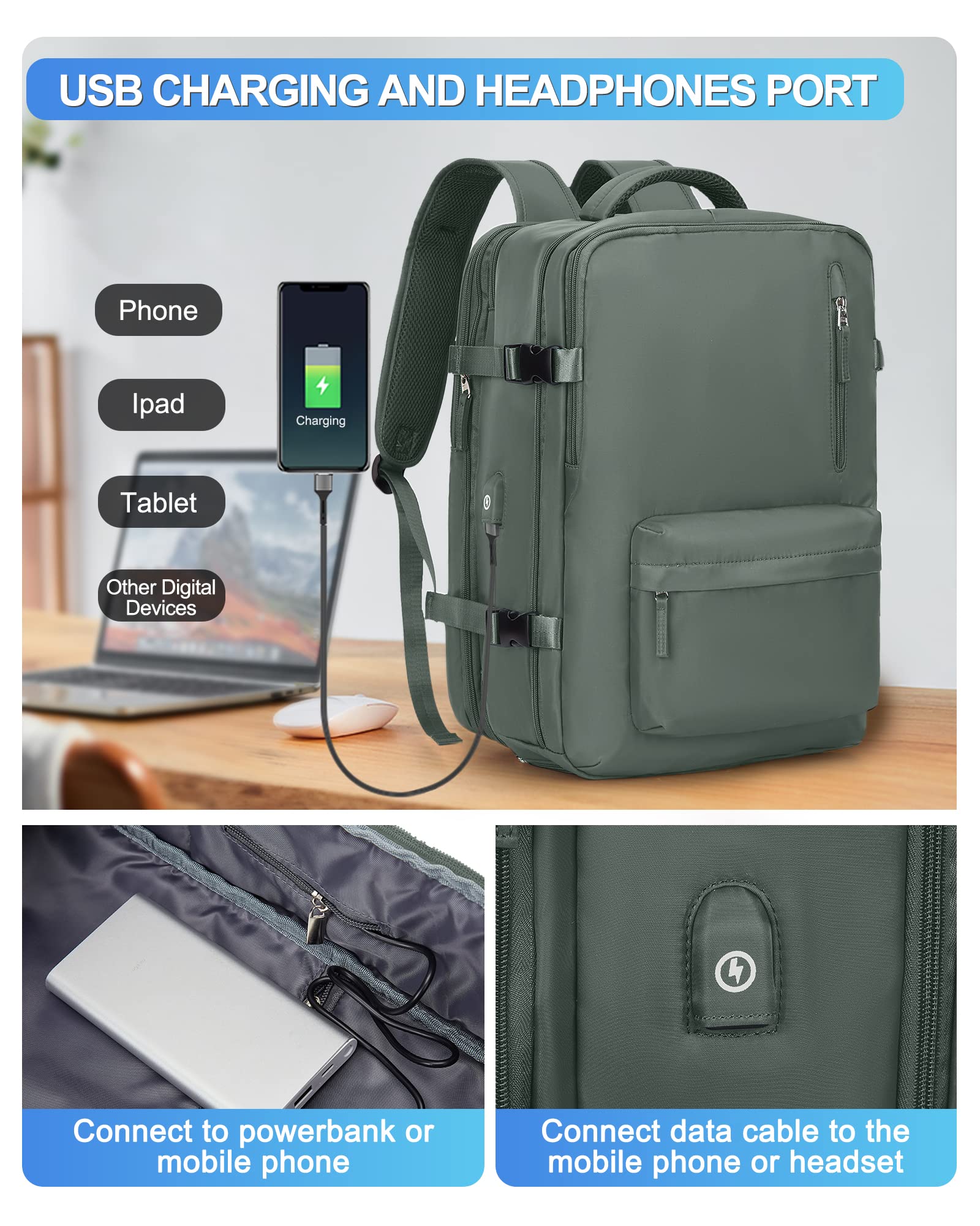 BJLFS Borse da Cabina per Ryanair 40×20×25 Bagaglio a Mano Easyjet 45×36×20 Borsa Zaino da Viaggio, Zaino da trekking,Zaino Casual per laptop da 14 pollici per scuola