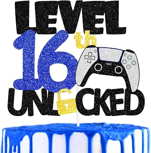 Decoración para pastel de cumpleaños de nivel 16 para adolescentes, fiesta de cumpleaños nocturna de videojuegos para niños o niñas, fiesta de