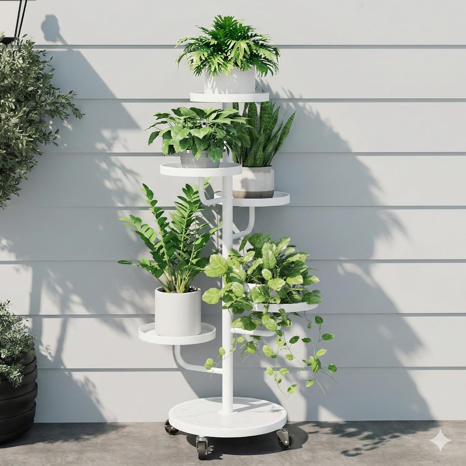 Bamworld Tall Plant Stand Indoor Outdoor Metal Plant Stands with Wheels 5 Tiered Corner Plant Holder Heavy Duty Flower Stand for Multiple Pots Planter Stand for Patio Balcony Living Room (White)
