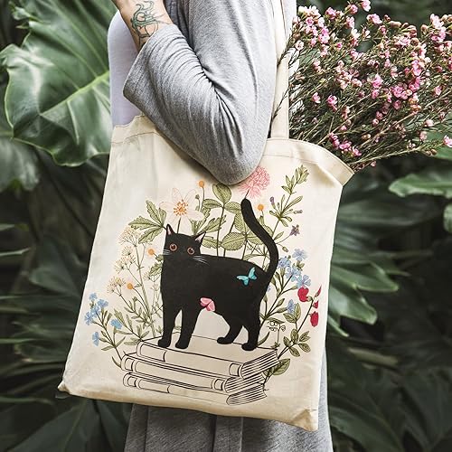 Miniatura 4 de Oudain 4 bolsas de lona para mujer, diseño floral de gato negro, estética, reutilizable, bolsas de comestibles, regalos lindos para amantes de los