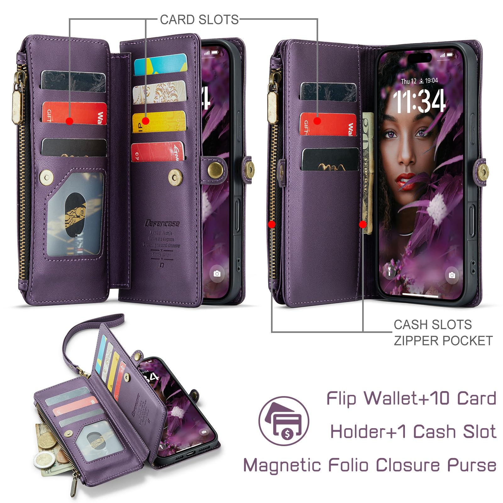 Defencase Compatible with iPhone 16 Pro Case Wallet with RFID Blocking Card Holder for Women Men, Soft PU Leather Magnetic Snap Flip Zipper Strap Wallet Phone Case Fit for iPhone 16 Pro 6.3