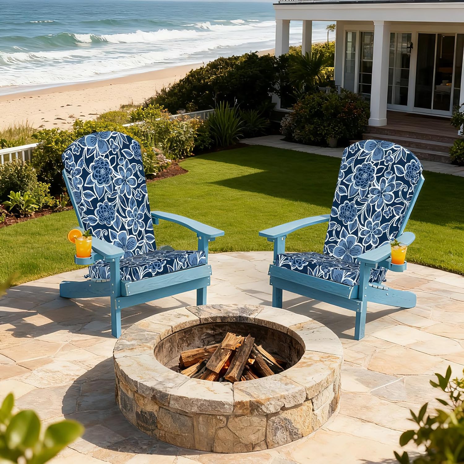 LVTXIII Adirondack Chair Cushions 48x20x2.5 Inch, Water Repellent, Fade Resistant, High Back Outdoor Rocking Chair Cushions for Patio Furniture, 2 Pack, Flower Navy