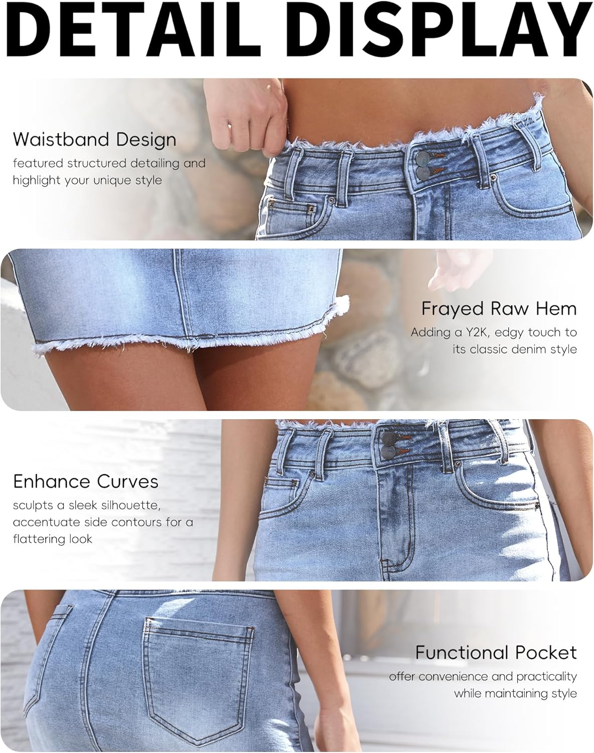 ELLEVEN Raw Hem Jean Skirt Stretchy & Soft - Denim Mini Skirt with Pockets Casual Outfit - Image 6