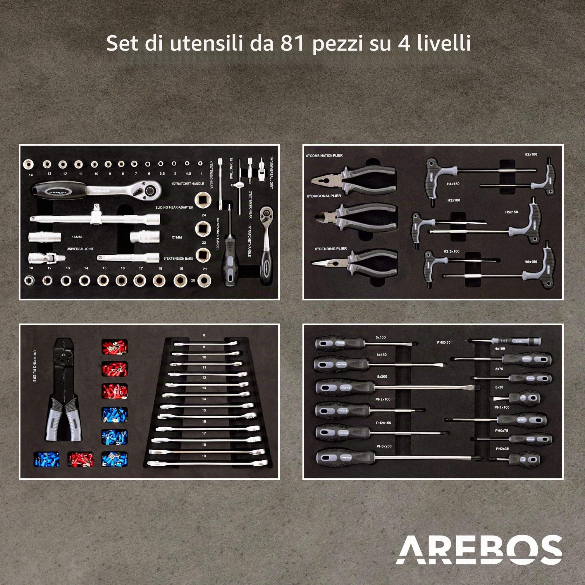 AREBOS Carrello da officina 4 scomparti 81 attrezzi portautensili con tappetini antiscivolo interlock 2 ruote freno Nero