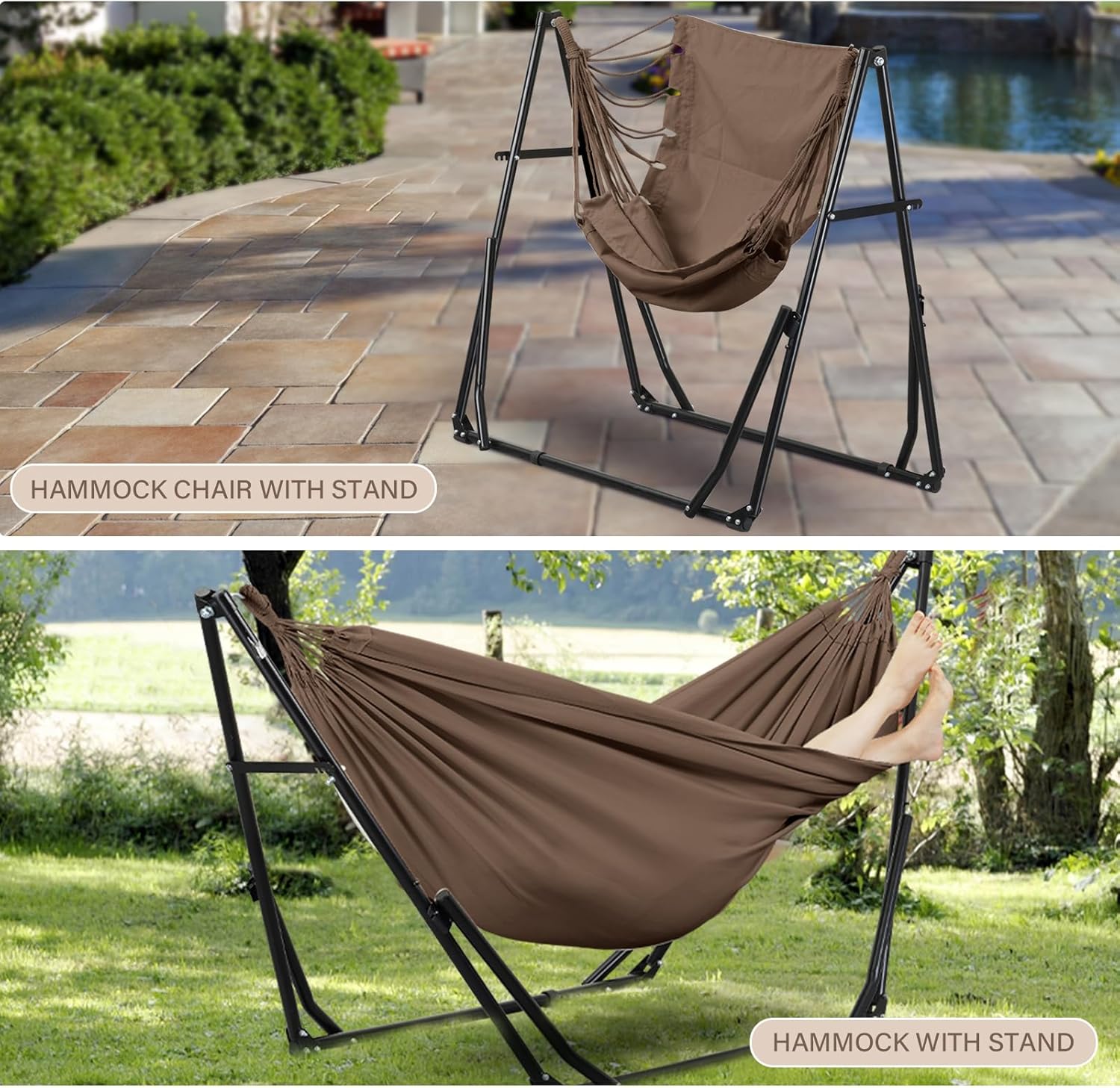 2 in 1 Hammock with Stand, Outdoor Hammock Swing Chair with Portable Heavy Duty Stand, Multi-Functional Hammock Stand 480 lbs Weight Capacit-Coffee